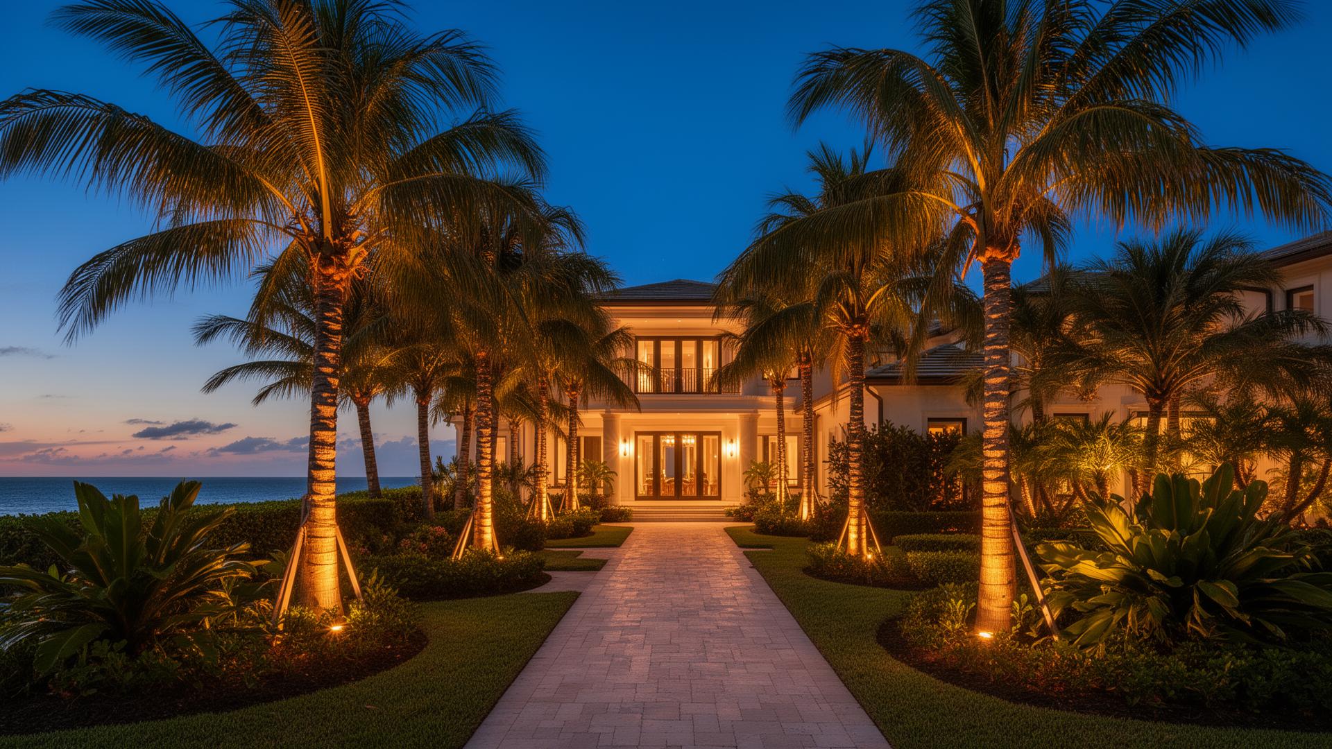 Luxury Naples Florida home with landscape lighting at twilight